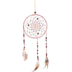 Feathers & beads added hand woven hemp dream catcher