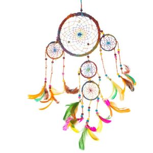 Handmade hemp dream catcher with colorful feathers