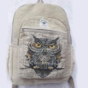 Natural hemp color toned medium sized backpack | owl print handmade hemp backpack