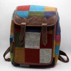 Multicolored blocks designed handmade leather patched gheri backpack for students
