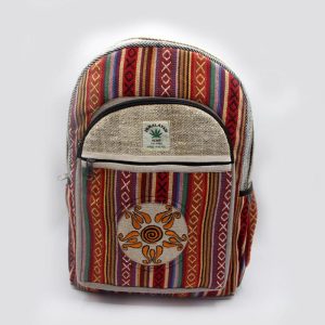 Made in Nepal red tone gheri hemp backpack with beautiful prints