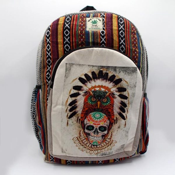Adjustable shoulder straps skull and owl prints hemp backpack