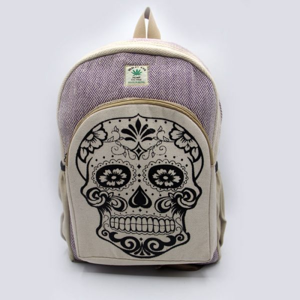 Made in Nepal herringbone laptop backpack with skull print