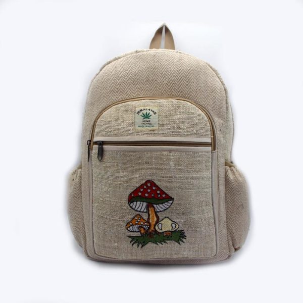 Pain gray color tone hemp backpack with beautiful mushroom prints