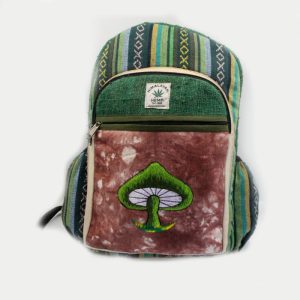Forest green color toned mushroom print hemp backpack