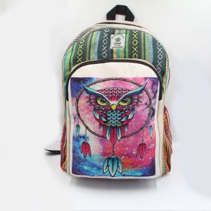 Colorful Owl paint printed handmade hemp backpack