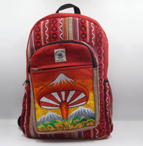 Handmade Red tone gheri bag with forest mushroom print